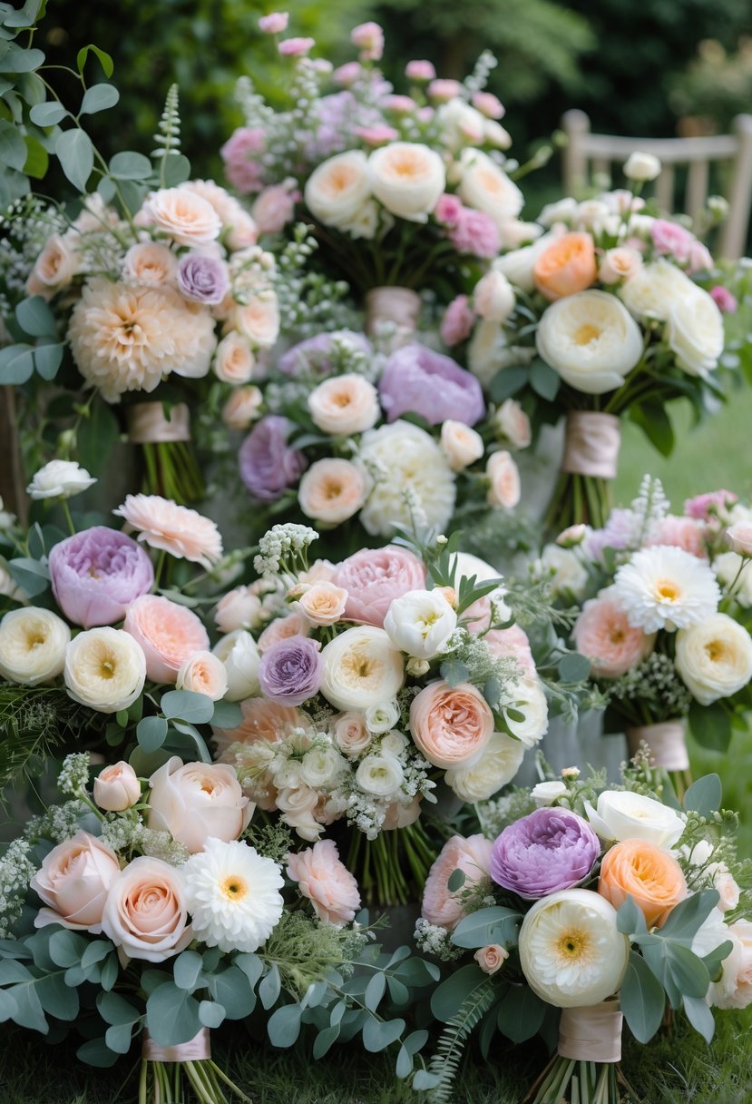 A variety of colorful bridesmaid bouquets with mixed flowers and greenery arranged together outdoors.