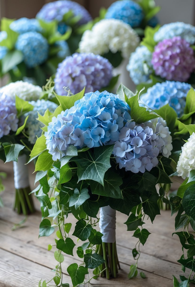 Eighteen bridesmaid bouquets featuring cascading ivy and colorful hydrangea flowers arranged together on a wooden surface.
