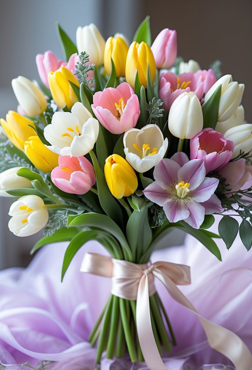 A colorful bouquet of tulips and freesias tied with a ribbon, held for a wedding ceremony.