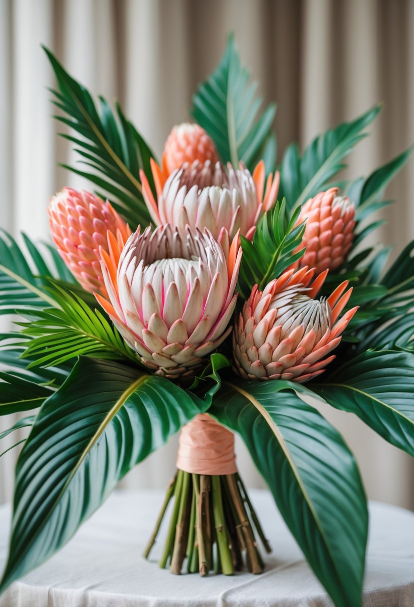 A vibrant bridesmaid bouquet with pink protea flowers and green palm leaves.