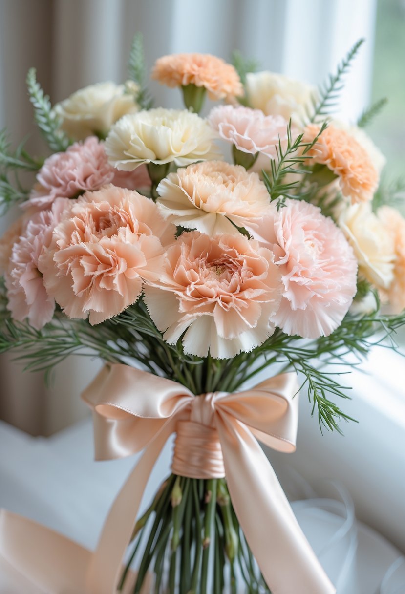 A bridesmaid bouquet of soft pastel carnations tied with a satin ribbon, displayed against a blurred background.