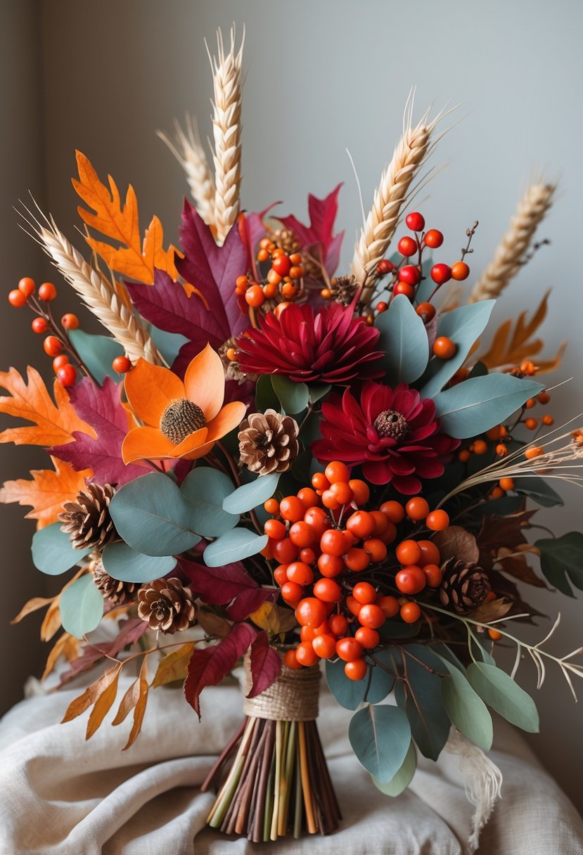 A seasonal autumn bouquet with colorful fall leaves, red berries, and rustic natural elements arranged together.