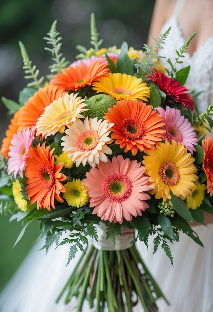 A colorful bouquet of bright Gerbera daisies with green leaves, arranged for a wedding ceremony.