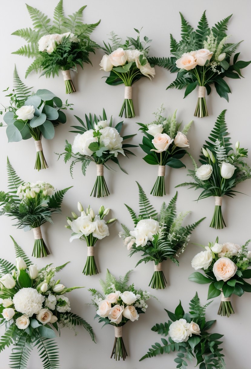 Eighteen bridesmaid bouquets made of greenery and ferns arranged neatly on a plain background.