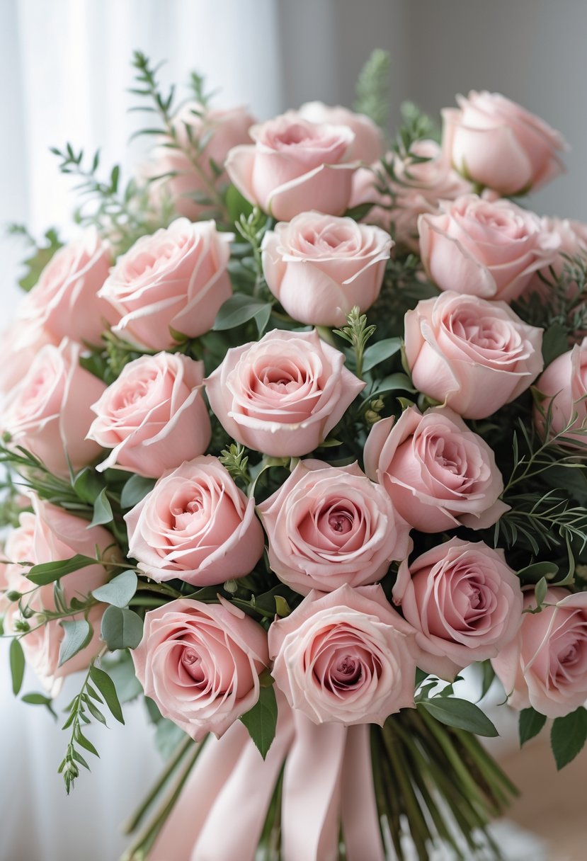 A bouquet of blush pink garden roses with greenery, arranged for a wedding.