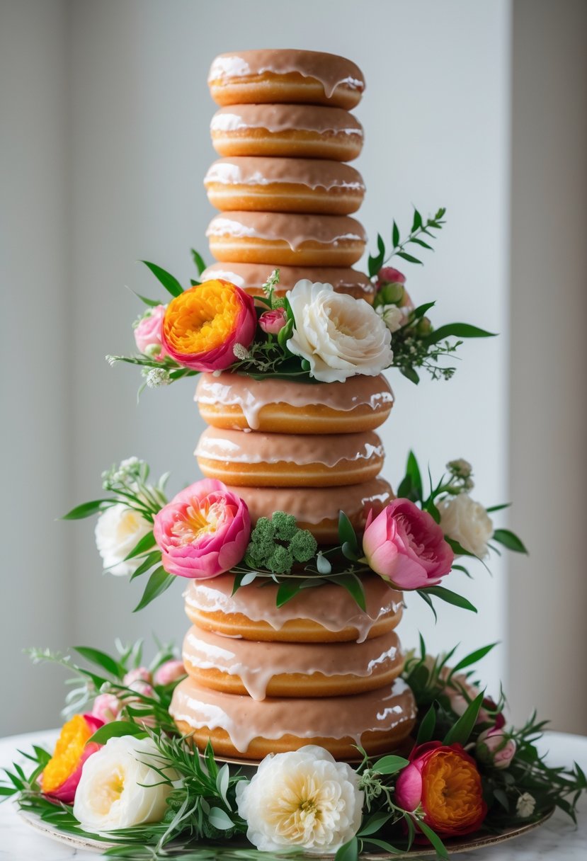 A tiered tower of glazed donuts decorated with fresh flowers arranged between the layers.