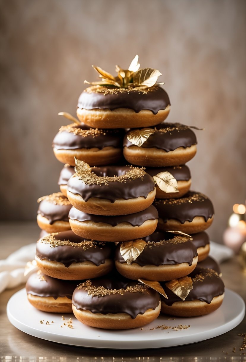 A stacked arrangement of chocolate frosted donuts with gold accents resembling a wedding cake.