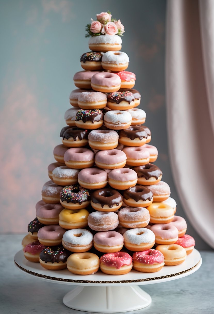 A pyramid-shaped wedding cake made of assorted miniature donuts with various glazes and toppings on a white cake stand.