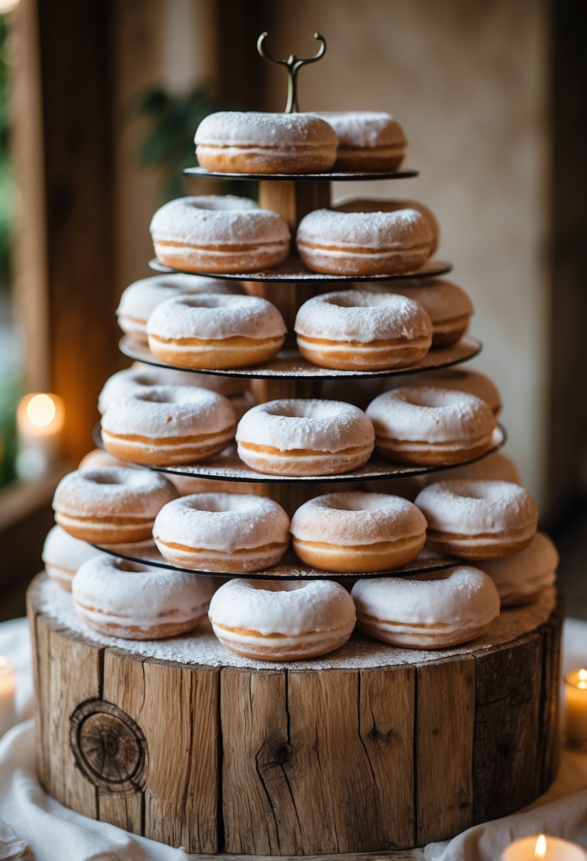 A rustic wooden stand holding multiple tiers of powdered sugar donuts arranged like a wedding cake.