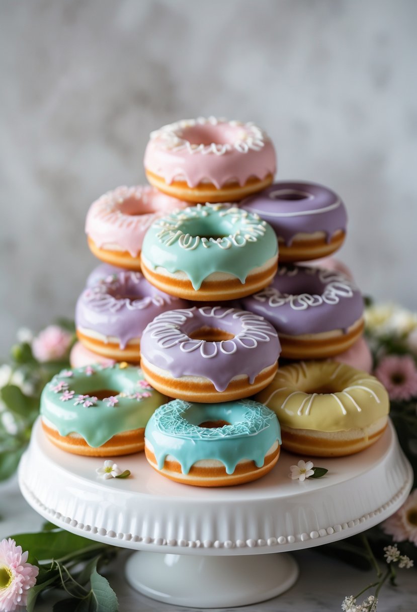 Thirteen pastel-colored donuts with delicate icing designs stacked like a wedding cake on a white stand.