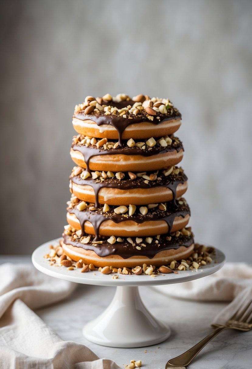A multi-tiered wedding cake made of stacked donuts with chocolate drizzle and chopped nuts on a white cake stand.