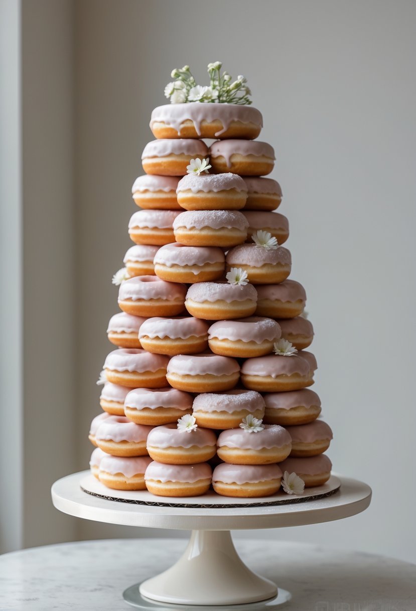 A multi-tiered wedding cake made of single-flavor donuts with minimalist decoration on a simple cake stand.