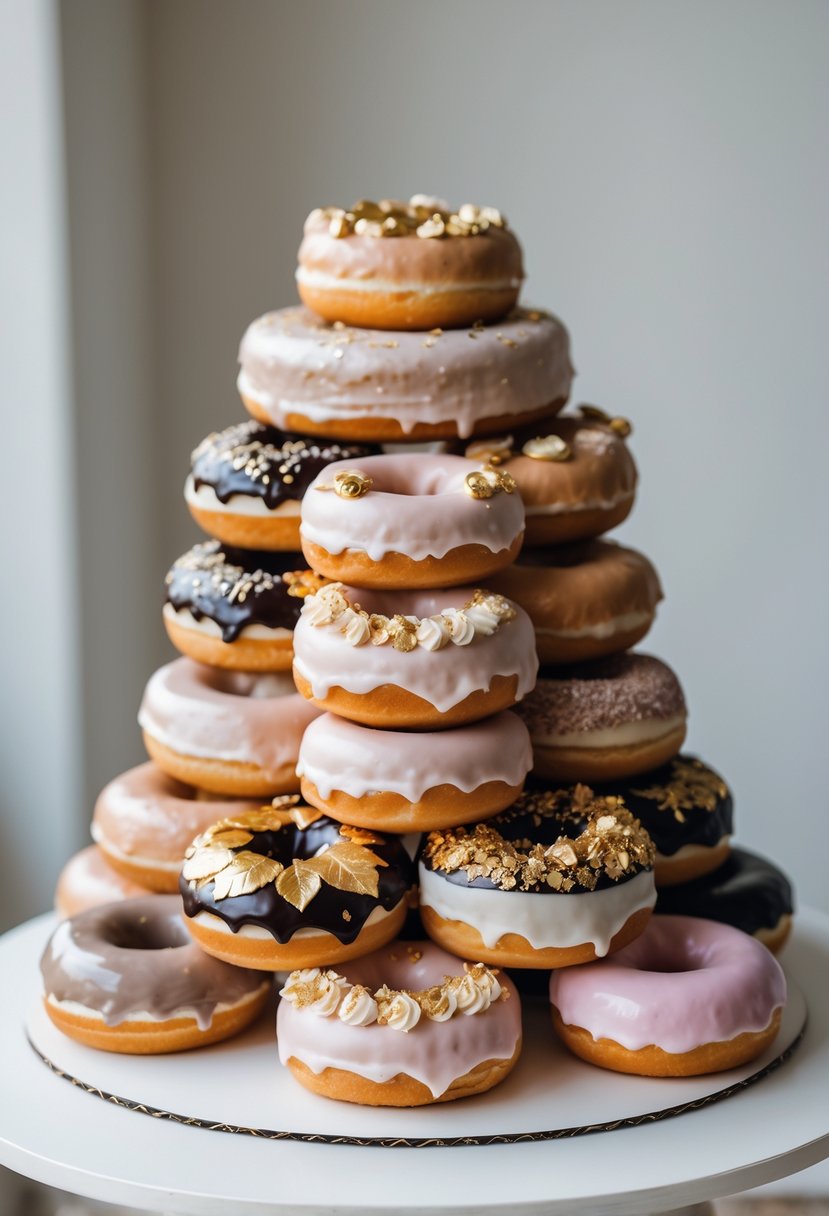 An assortment of thirteen gourmet donuts decorated with edible gold leaf, stacked like a wedding cake on a white stand.