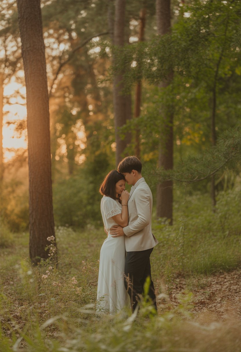 A couple embracing in a sunlit forest during golden hour, surrounded by trees and greenery.