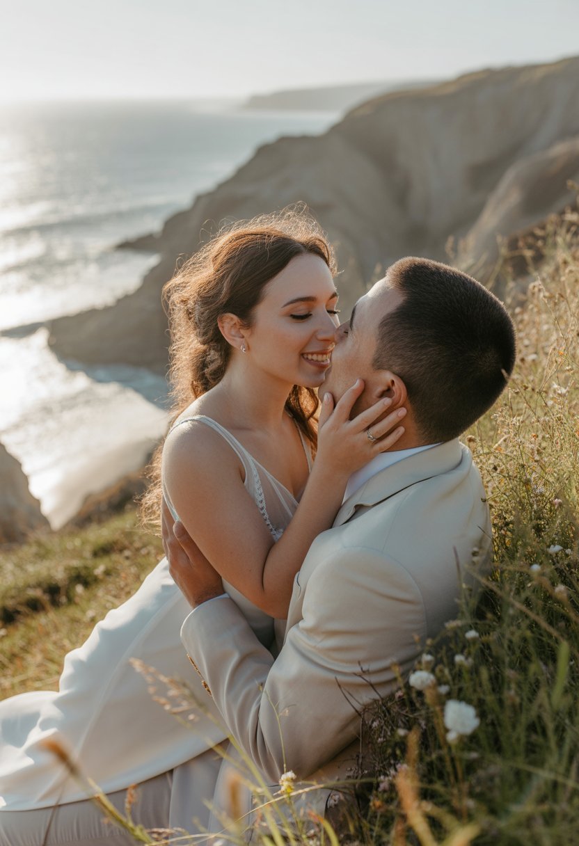 A couple sharing a kiss on a seaside cliff with ocean waves and cliffs in the background.
