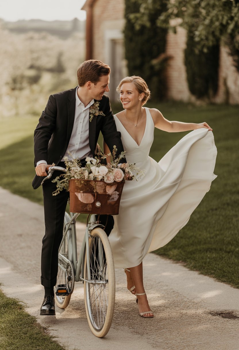 A bride and groom with a vintage bicycle outdoors during their wedding photoshoot.