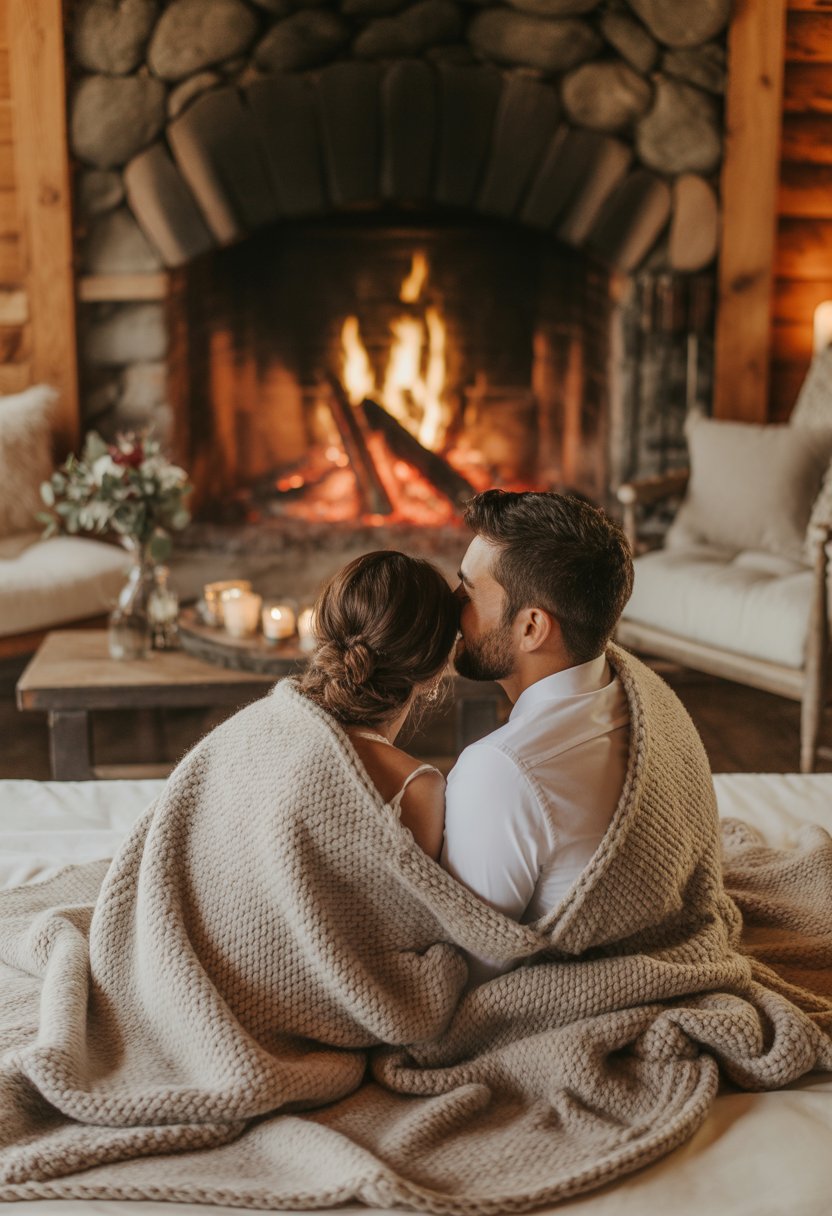 A couple snuggling in front of a glowing fireplace inside a cozy cabin, surrounded by rustic decorations.