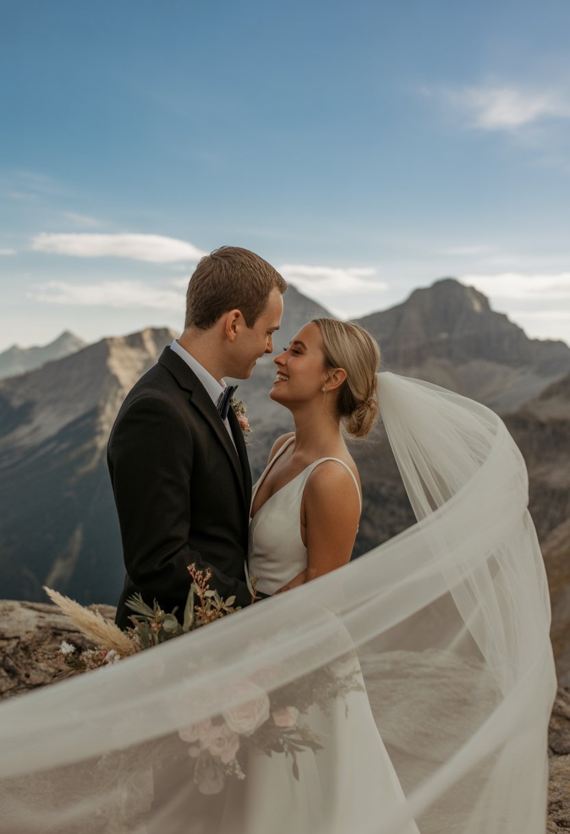 A couple in wedding attire stands on a mountain peak, the bride's veil flowing in the breeze against a clear sky.