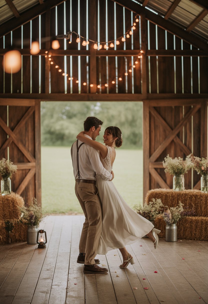 A couple dancing inside a wooden barn decorated with string lights and rustic wedding decorations.
