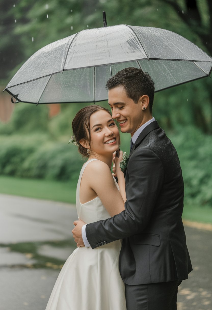 A smiling bride and groom under a transparent umbrella on a rainy day, standing close together outdoors.