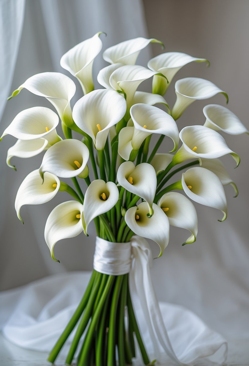 A bouquet of 15 white calla lilies with green stems arranged together.