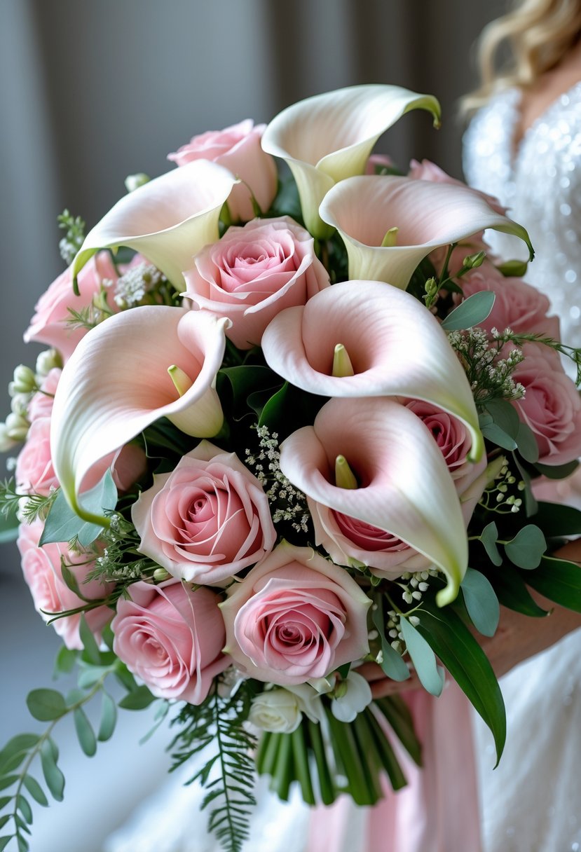A bridal bouquet with soft pink calla lilies and roses arranged together with greenery.