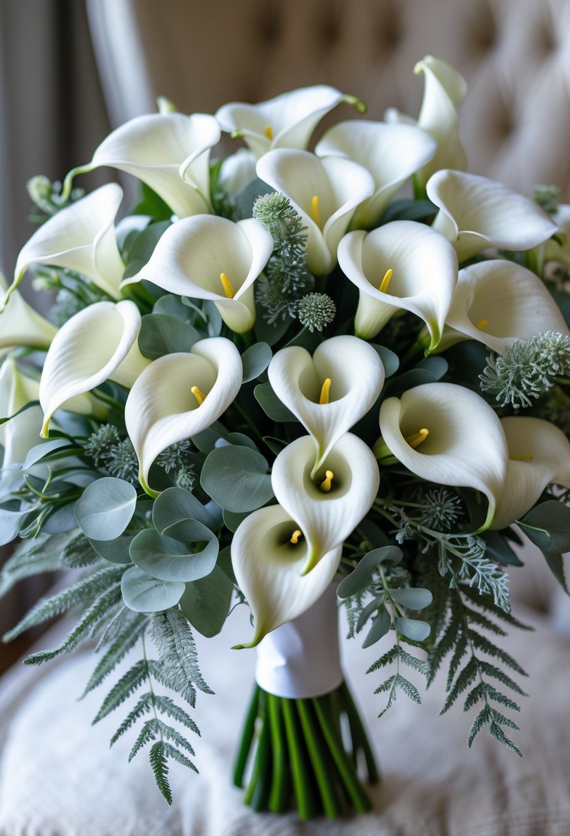 A bridal bouquet of white calla lilies accented with silvery dusty miller leaves.