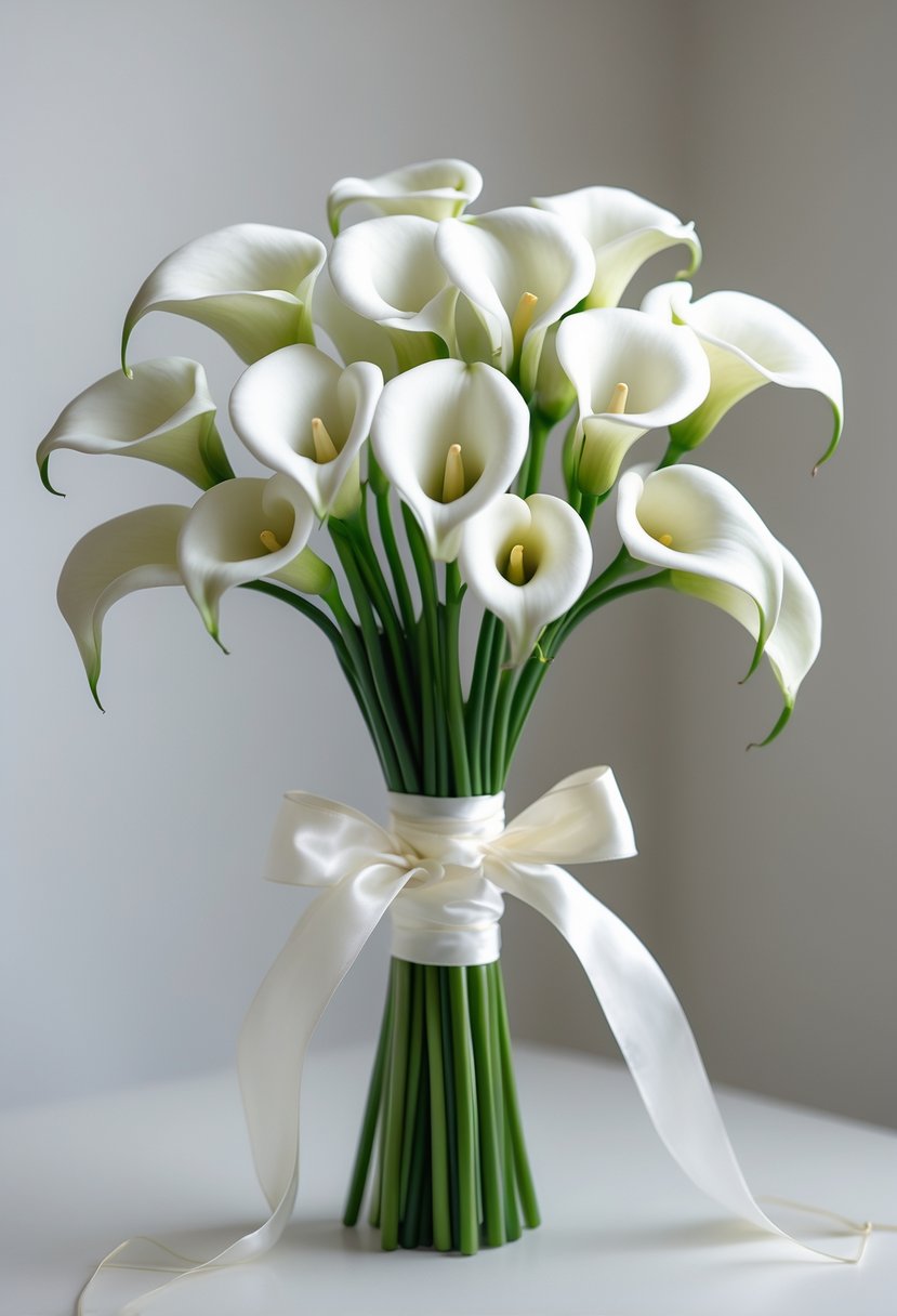 A bouquet of 15 white calla lilies wrapped with a white ribbon against a blurred background.