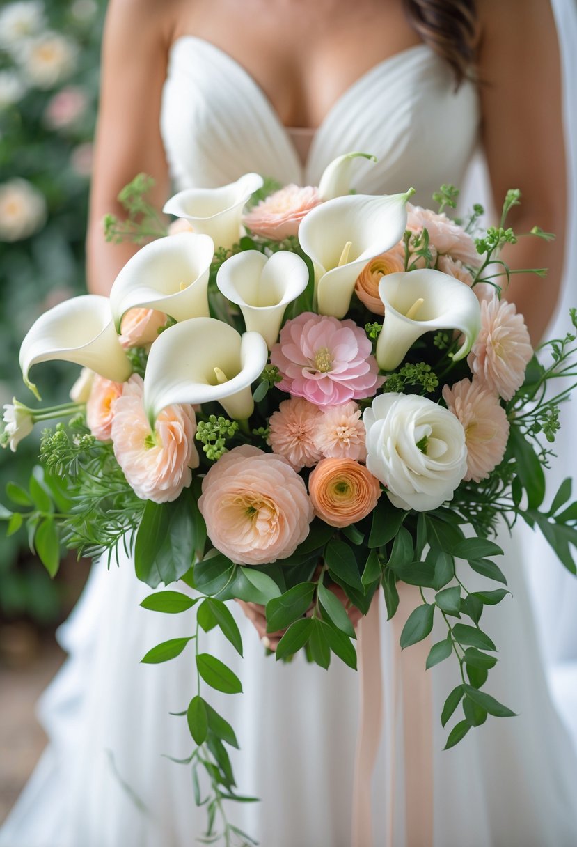 A bridal bouquet of white calla lilies and pastel ranunculus flowers held by a bride in a white dress.