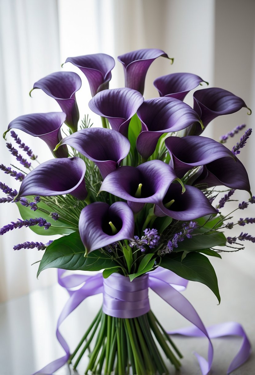 A bridal bouquet of purple calla lilies mixed with lavender sprigs against a blurred neutral background.