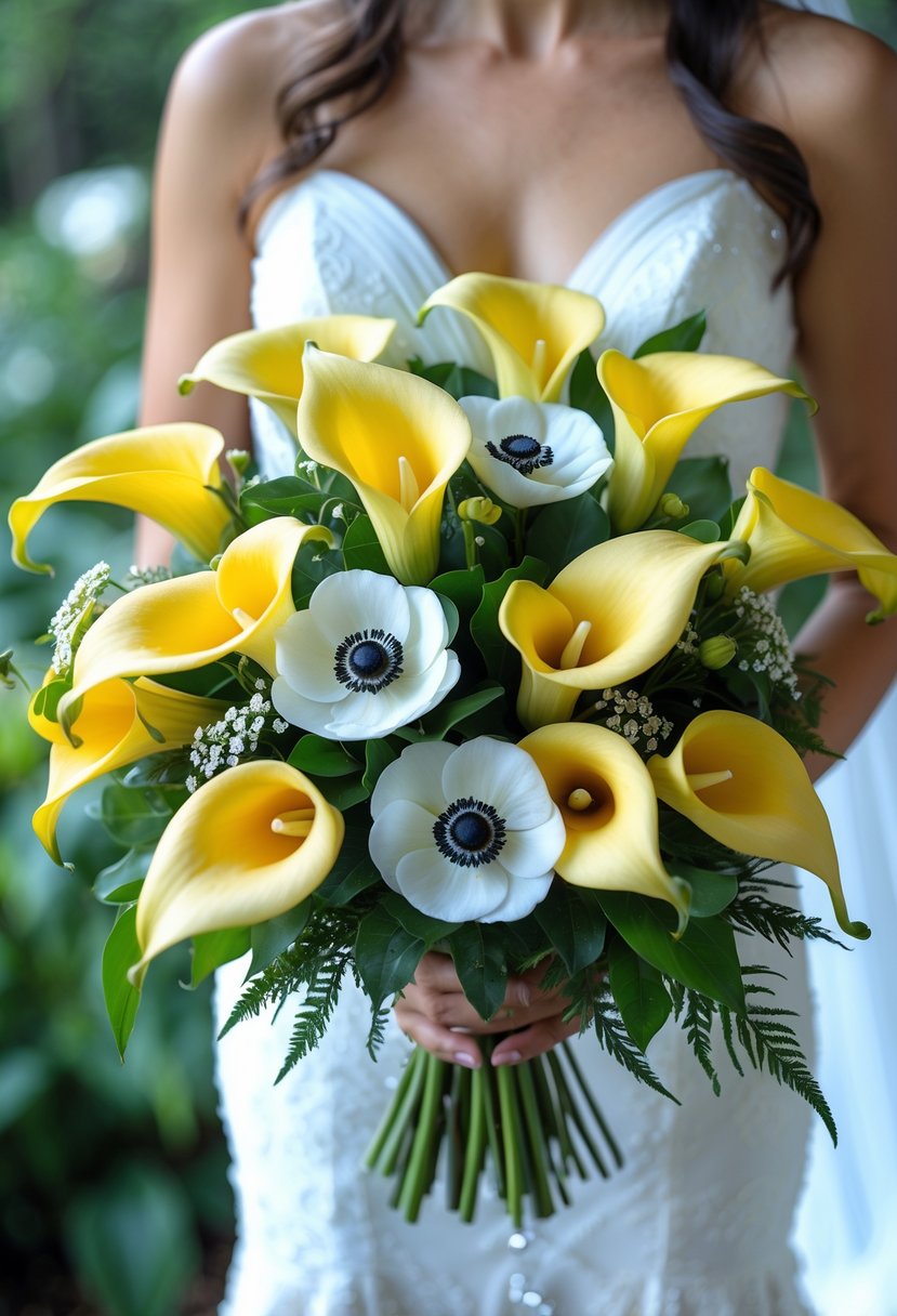 A bridal bouquet with yellow calla lilies and white anemones held by a bride.