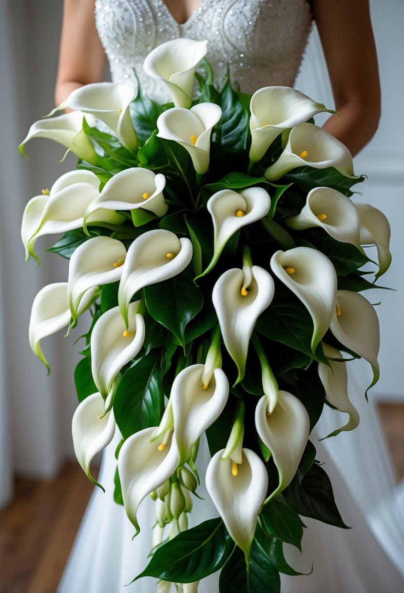 A bride holding a cascading bouquet of white calla lilies with green leaves.