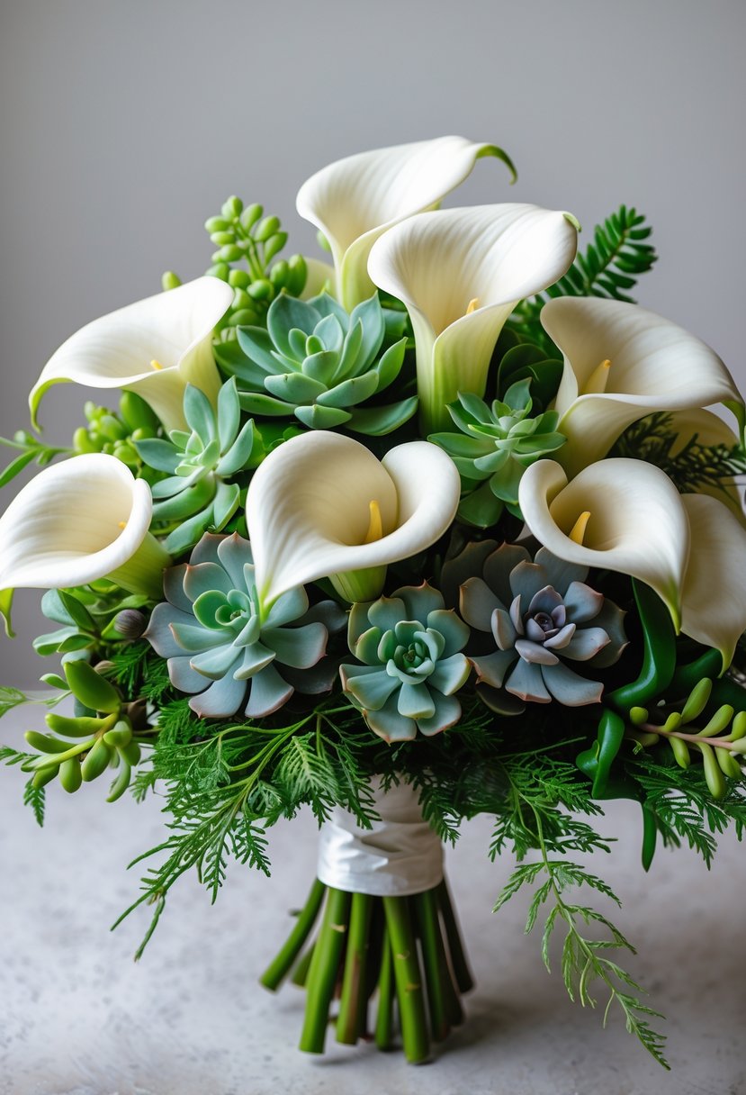 A bridal bouquet featuring white calla lilies combined with green succulents against a neutral background.