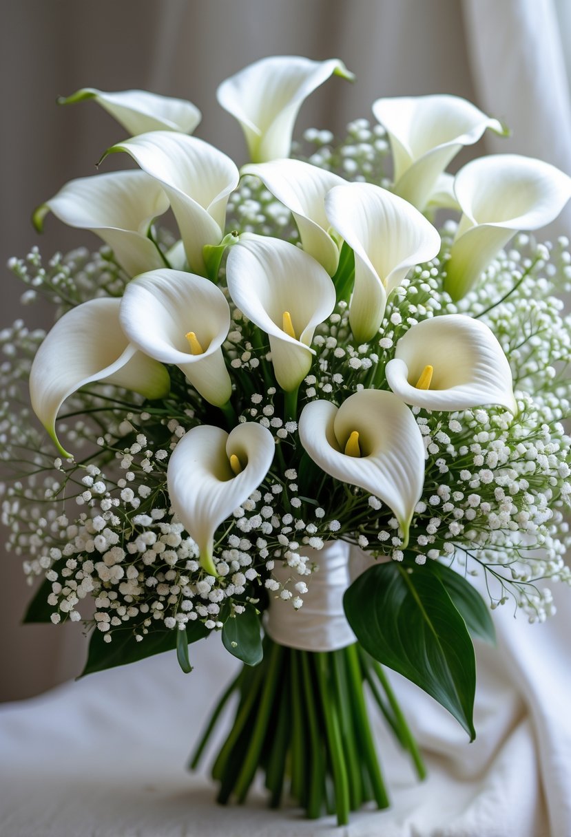 A bridal bouquet of white calla lilies with small white baby's breath flowers and green stems.