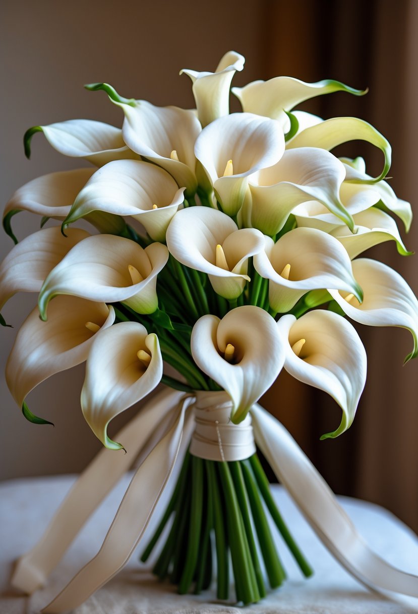 A bridal bouquet of white and cream calla lilies arranged together with green stems and a ribbon.