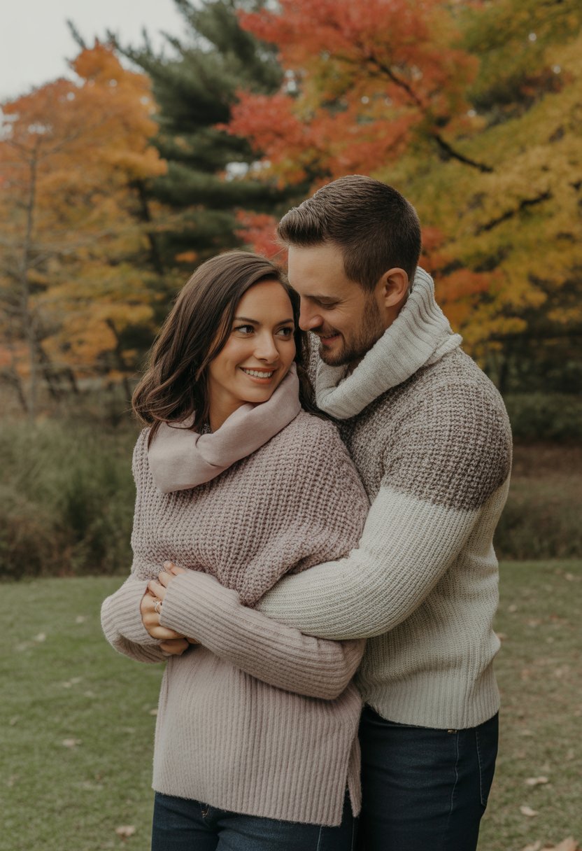 A couple outdoors in fall clothing, smiling together with colorful autumn leaves in the background.
