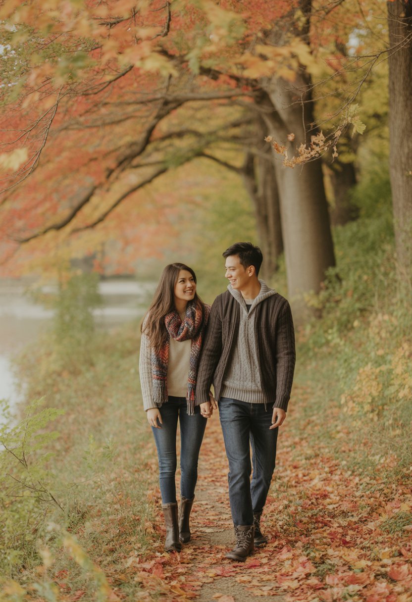 A young couple walking hand-in-hand on a leaf-covered trail surrounded by colorful autumn trees.