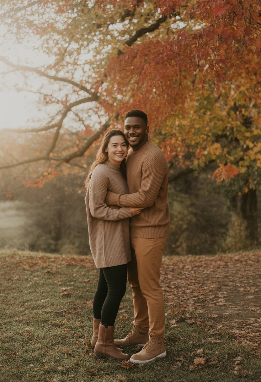 A couple wearing matching earth tone clothes smiling together outdoors surrounded by colorful autumn leaves.