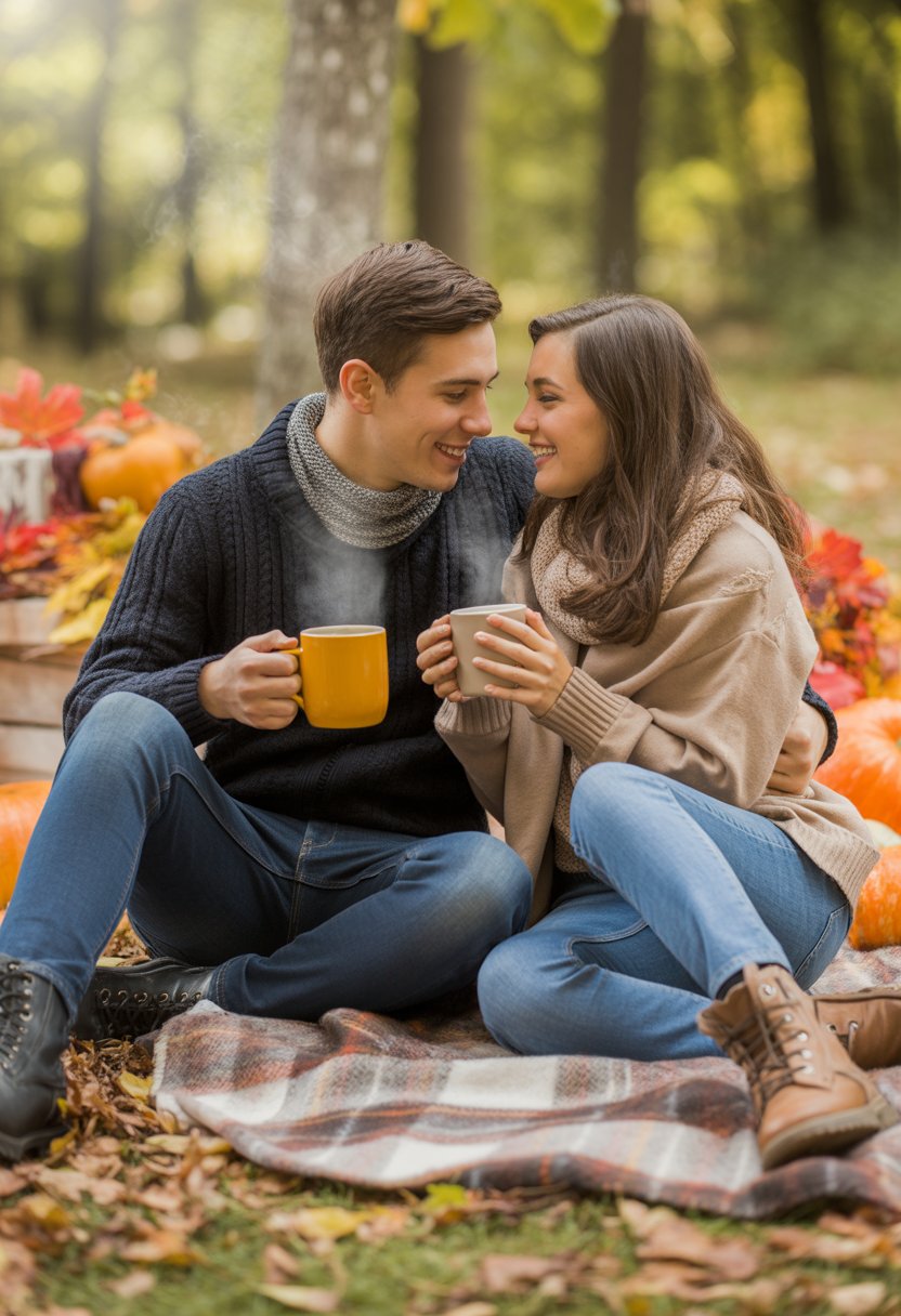A couple cuddling on a blanket outdoors in autumn, holding hot drinks surrounded by colorful fall leaves.