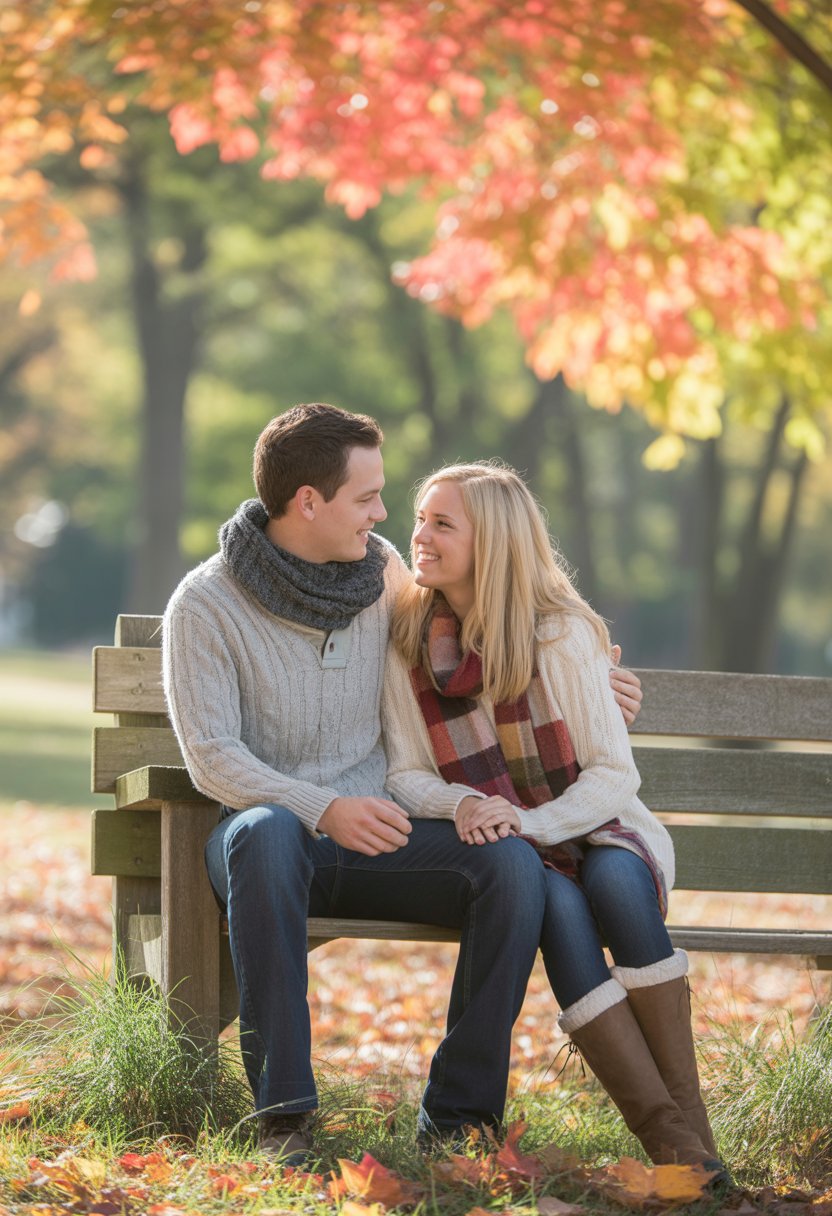 A couple sitting together on a wooden bench surrounded by colorful autumn leaves.