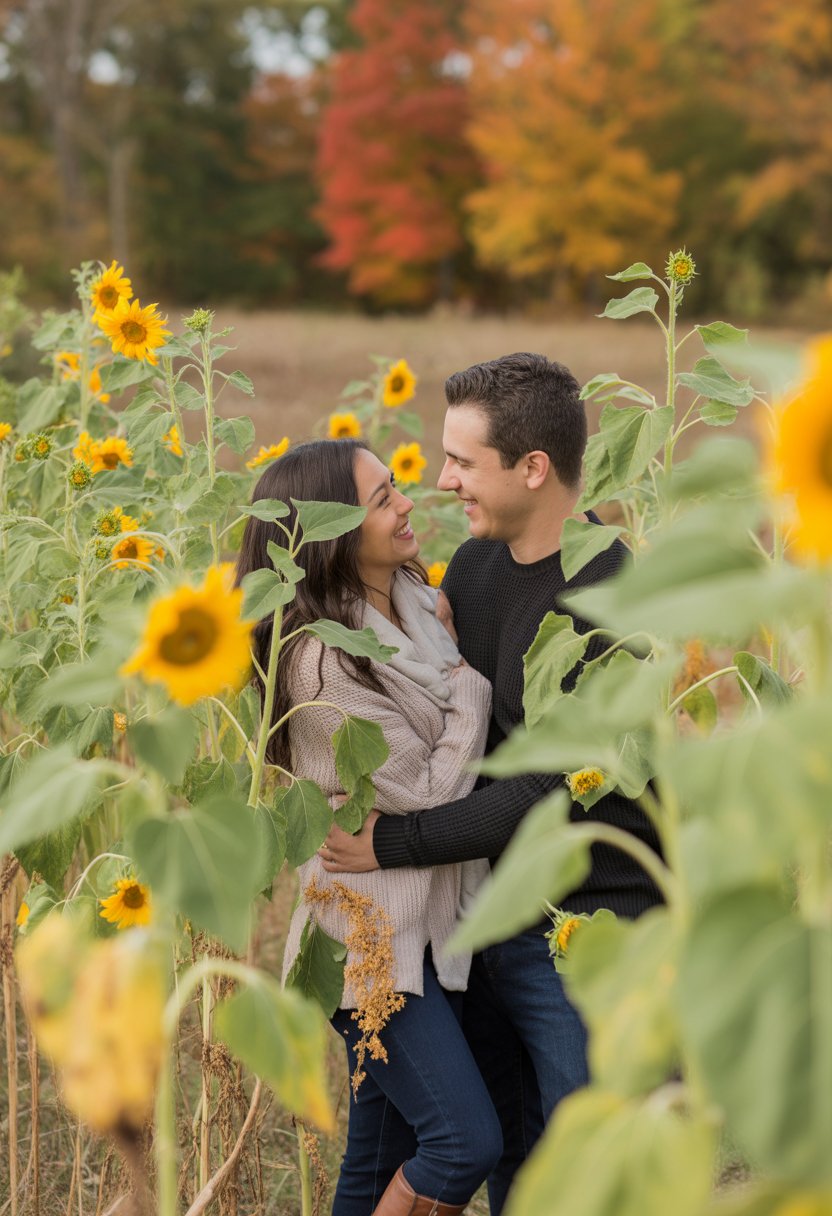 A couple smiling and looking at each other through tall sunflower stalks in a colorful autumn field.