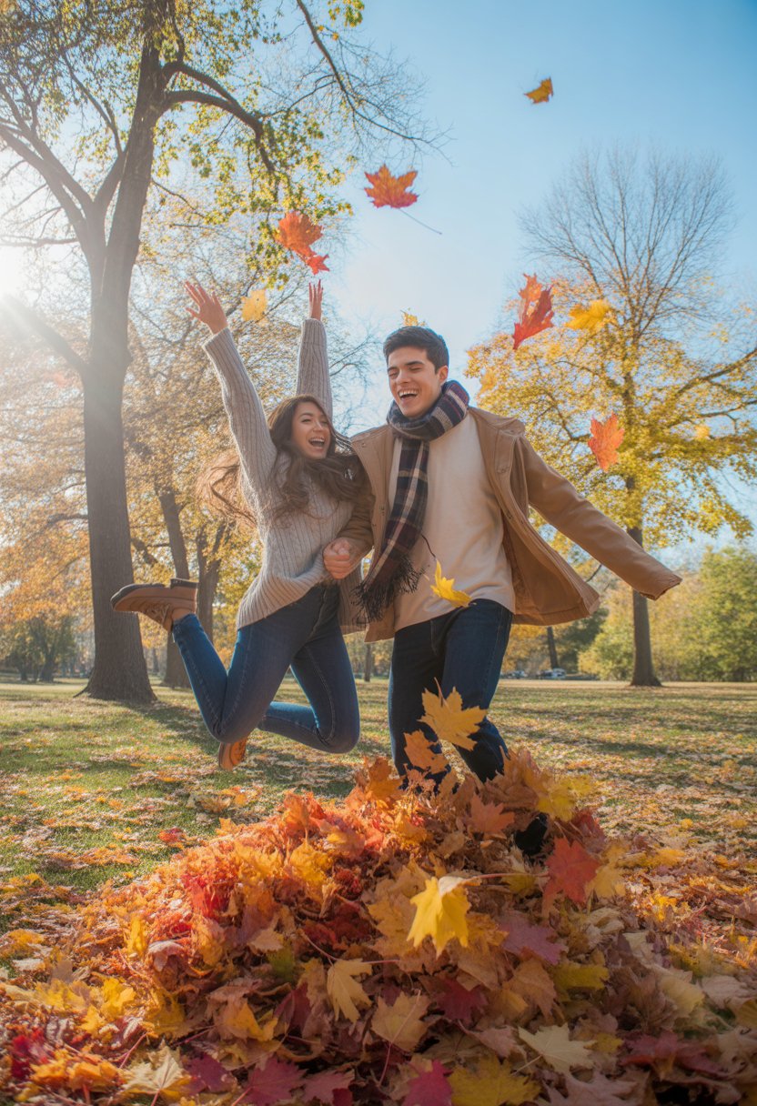 A young couple jumping into a pile of colorful autumn leaves in a park surrounded by trees with fall foliage.