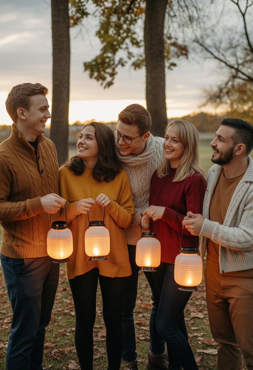 Five couples outdoors at sunset holding glowing lanterns surrounded by autumn trees and fallen leaves.
