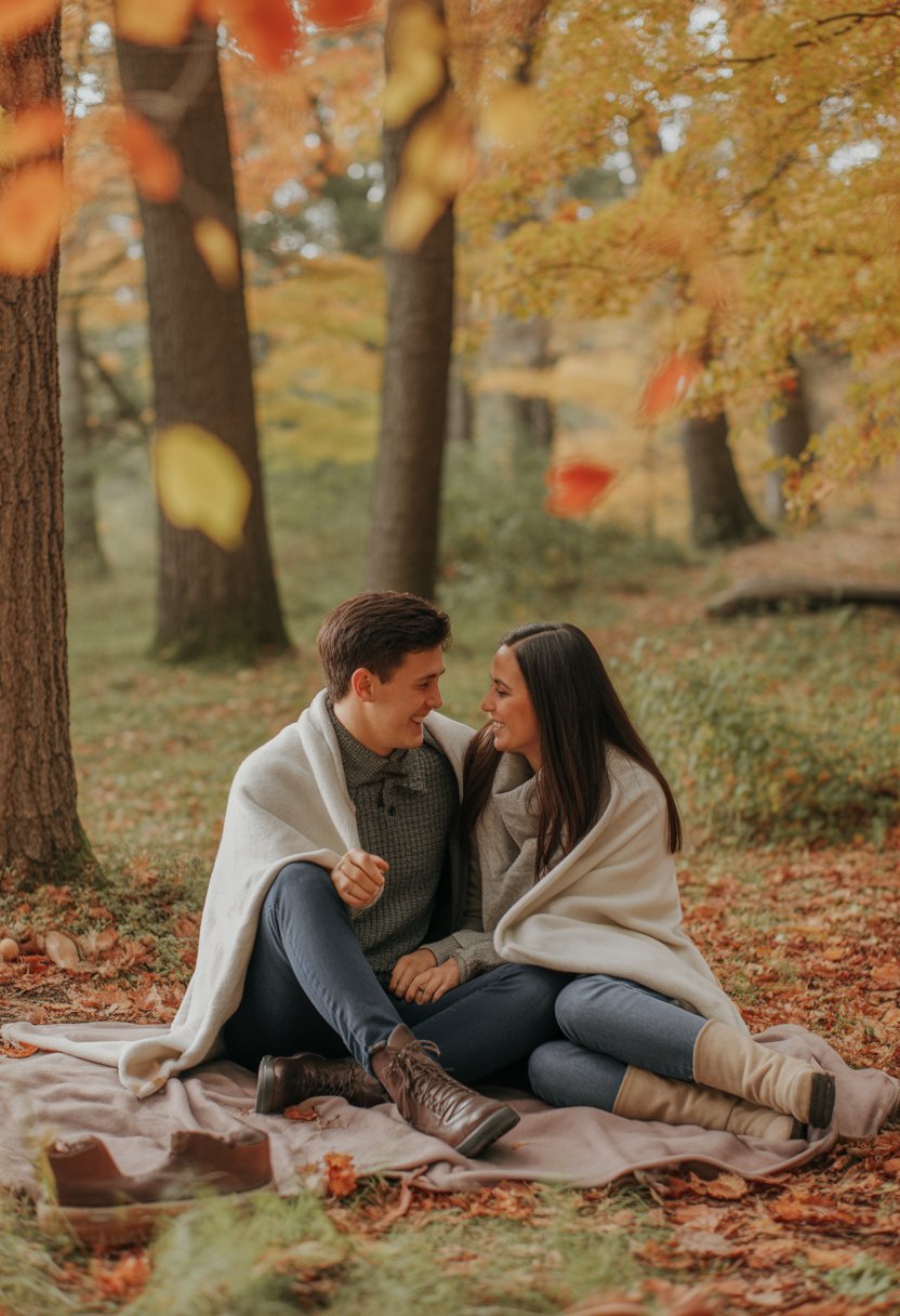 A young couple sitting together in a forest, sharing a blanket surrounded by colorful autumn leaves.