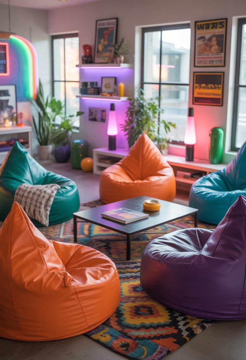 A living room with several colorful bean bag chairs arranged around a coffee table, decorated with plants and retro-style items.