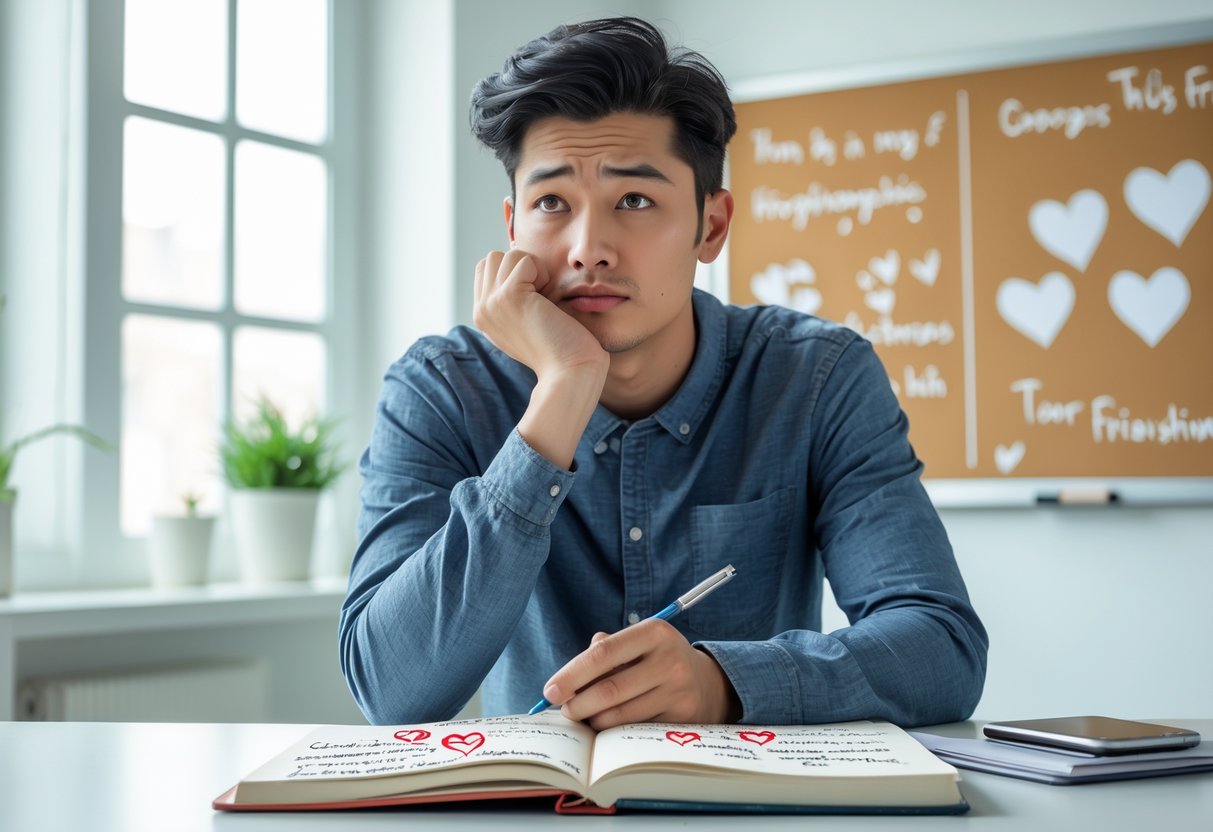 A young adult sitting at a desk, looking thoughtful while writing in a notebook with hearts and question marks drawn on the pages.