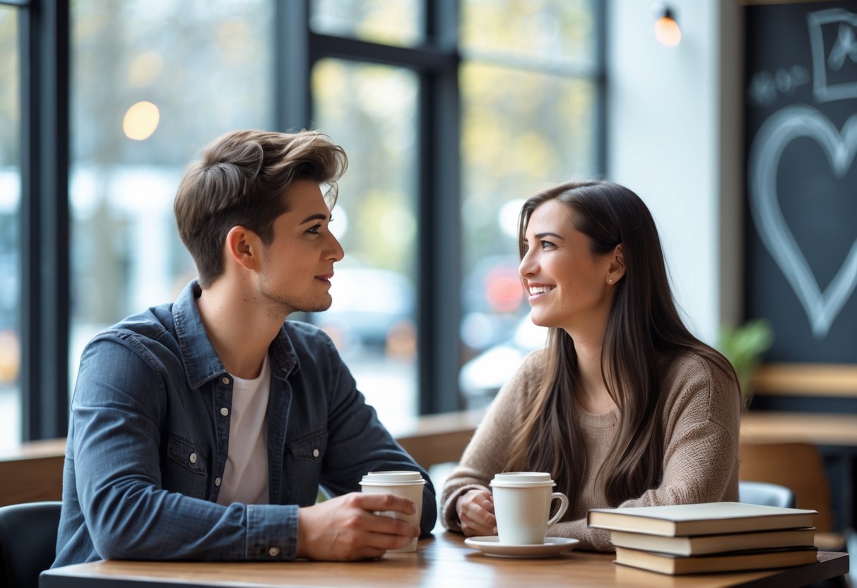 A man and a woman sitting at a café table, having a thoughtful and friendly conversation.