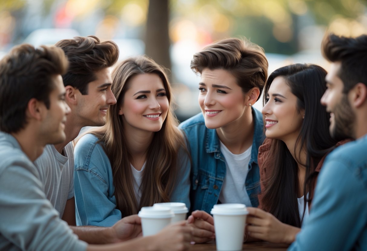 A group of young adults in a social setting showing subtle signs of romantic interest and friendship through smiles and body language.