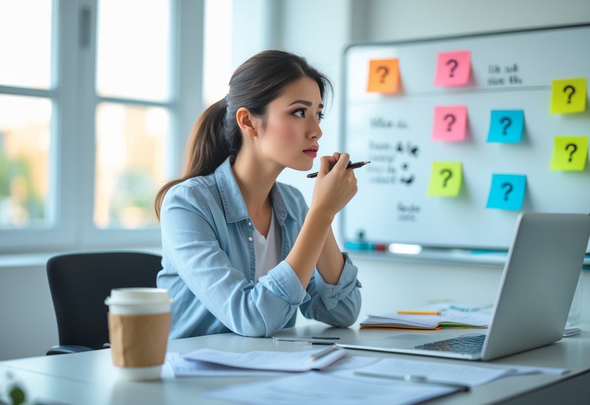 A young woman sitting at a desk with a notebook and laptop, looking thoughtful in a bright office with a whiteboard and sticky notes in the background.