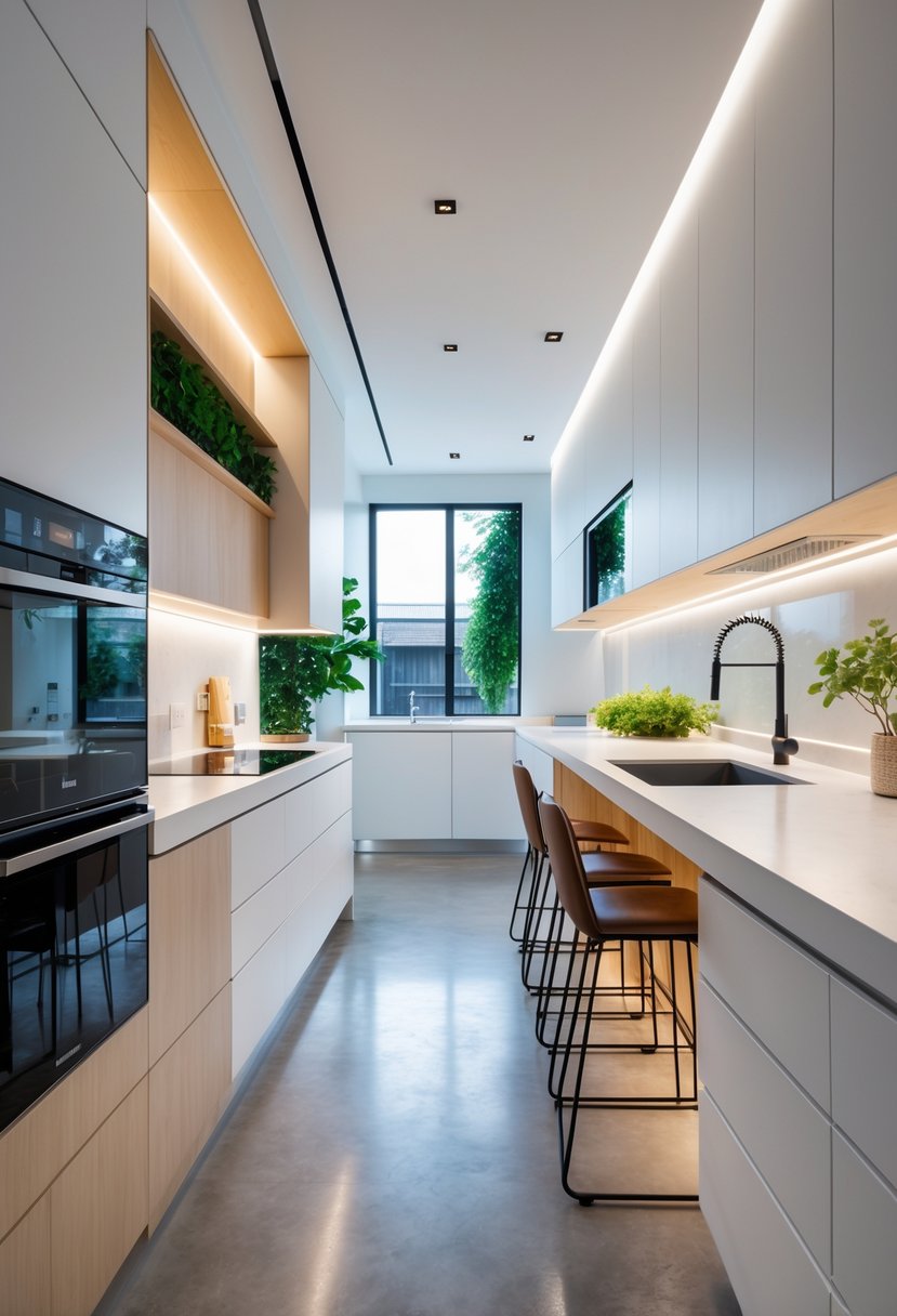 15 Terra Futura Kitchen Design Ideas For Modern Sustainable Living 2 A modern kitchen with a large island, sleek cabinets, smart appliances, and natural light coming through a window.